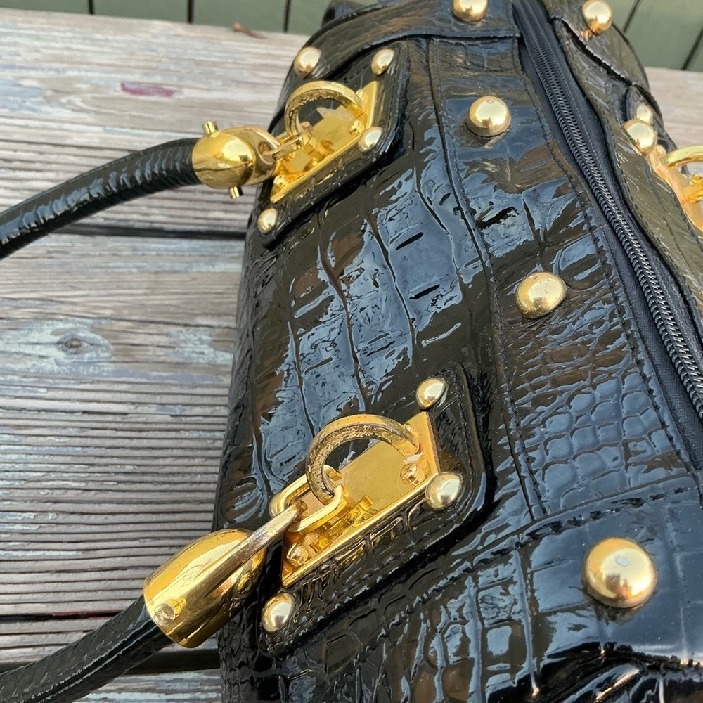 Vintage Calla 90’s Snake Pattern Patent Studded Faux Purse Black Satchel Hand Bg - Picture 4 of 15